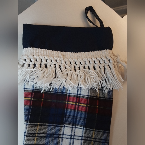 Christmas stocking. Fringed. Blue red white plaid. - Picture 2 of 3